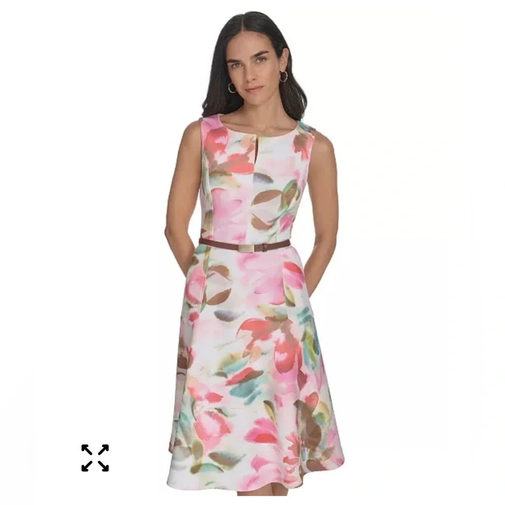 Calvin Klein Women's Floral Belted Jewel-Neck A-Line Dress - Picture 2 of 8